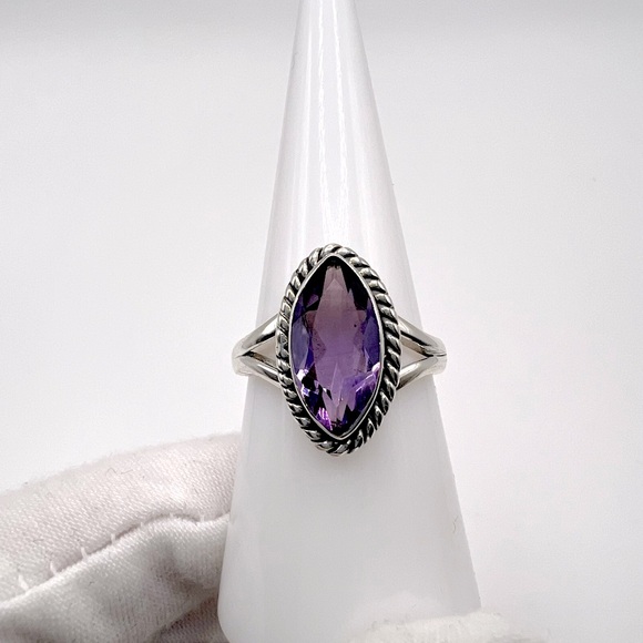 Genuine Faceted Marquise Amethyst .925 Sterling Silver Ring - Picture 9 of 17